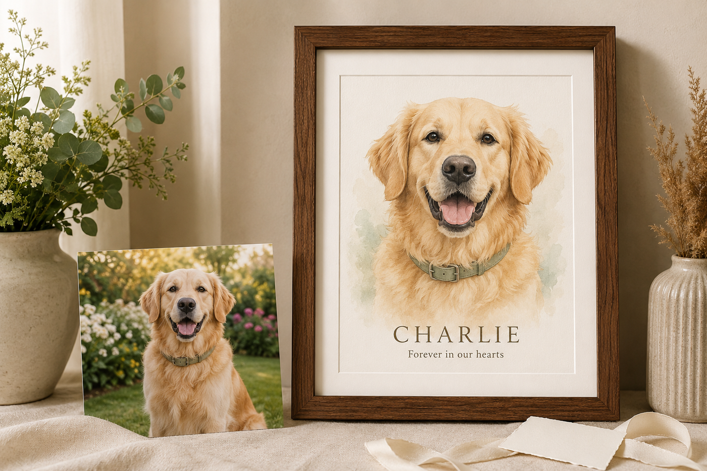 AI concept: pet photo beside a personalized memorial portrait