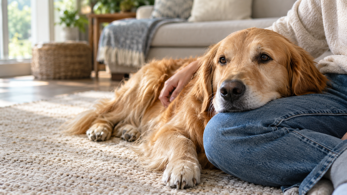 Golden retriever resting against its owner’s lap in a softly lit living room (AI-generated image).