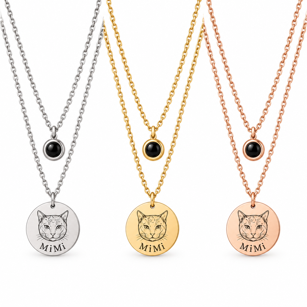 Personalized pet photo projection necklace in silver, gold, and rose gold