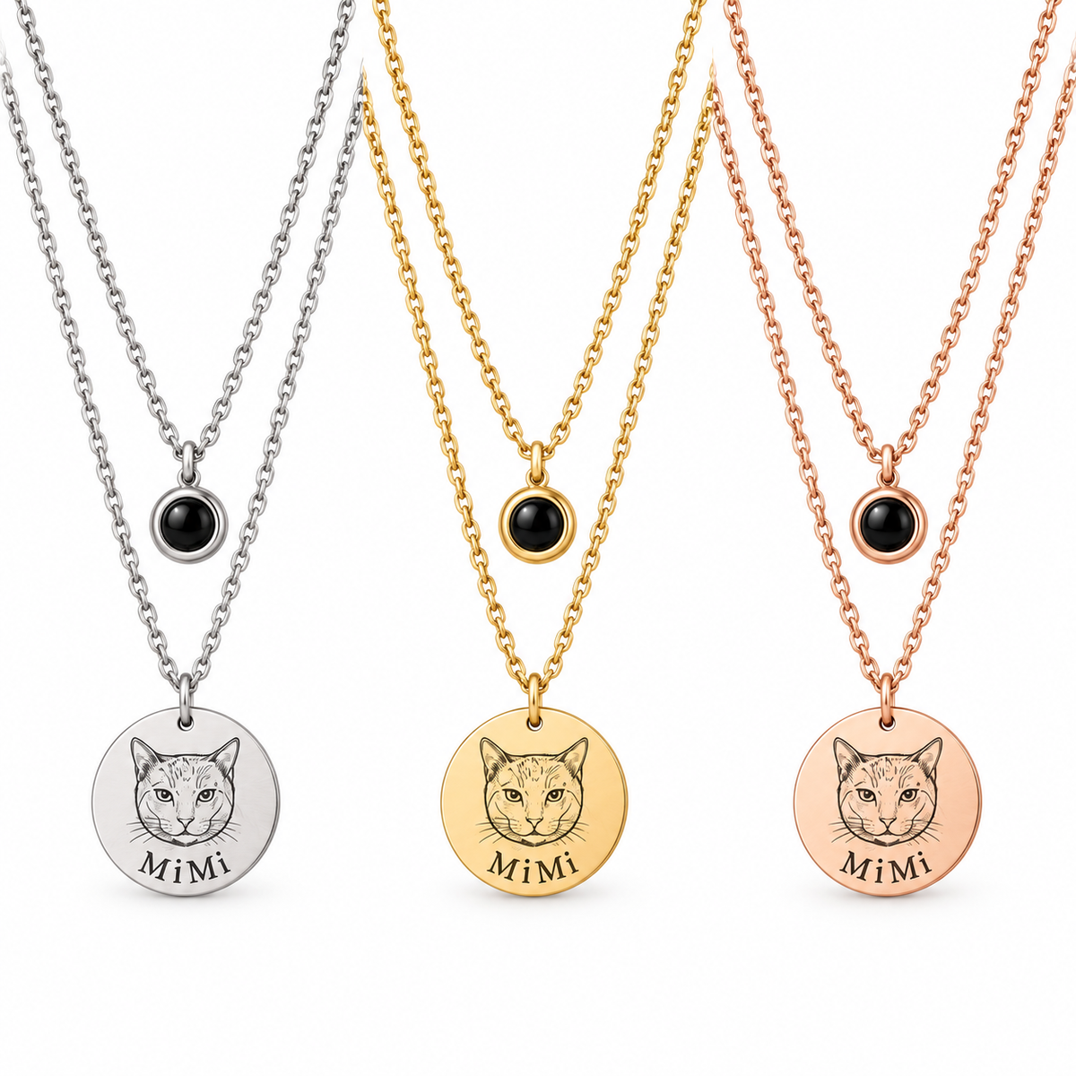 Personalized pet photo projection necklace in silver, gold, and rose gold