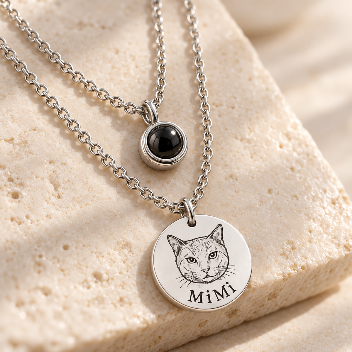Silver personalized pet photo projection necklace detail