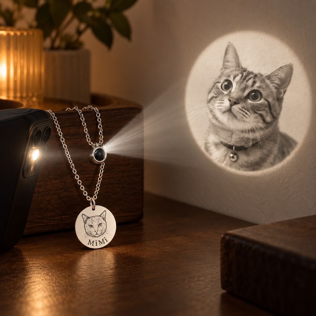 Pet photo projected from personalized projection necklace
