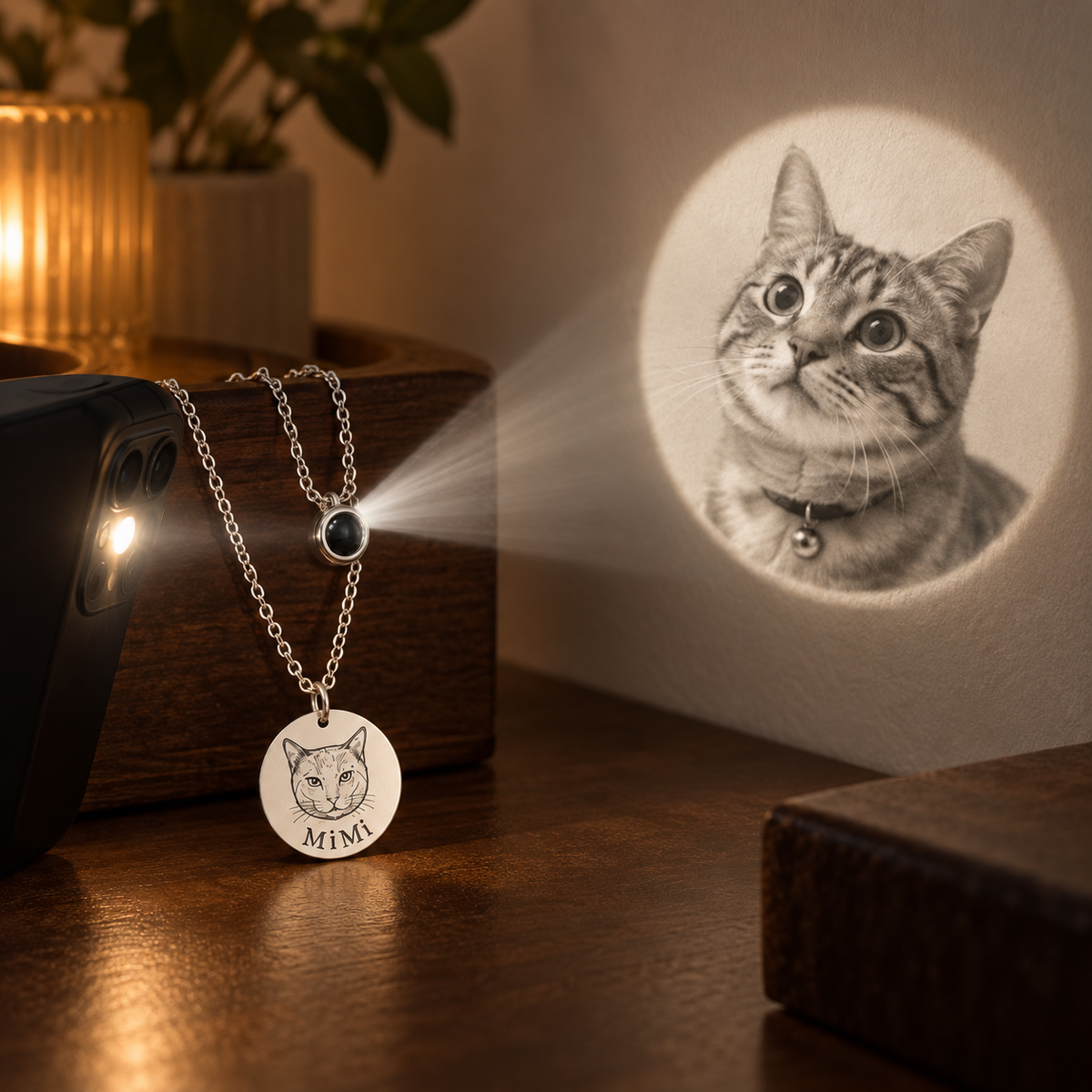 Pet photo projected from personalized projection necklace