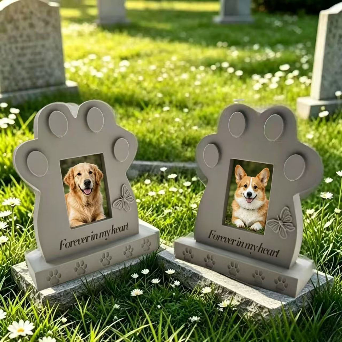 Pet memorial stone with butterfly and paw accents