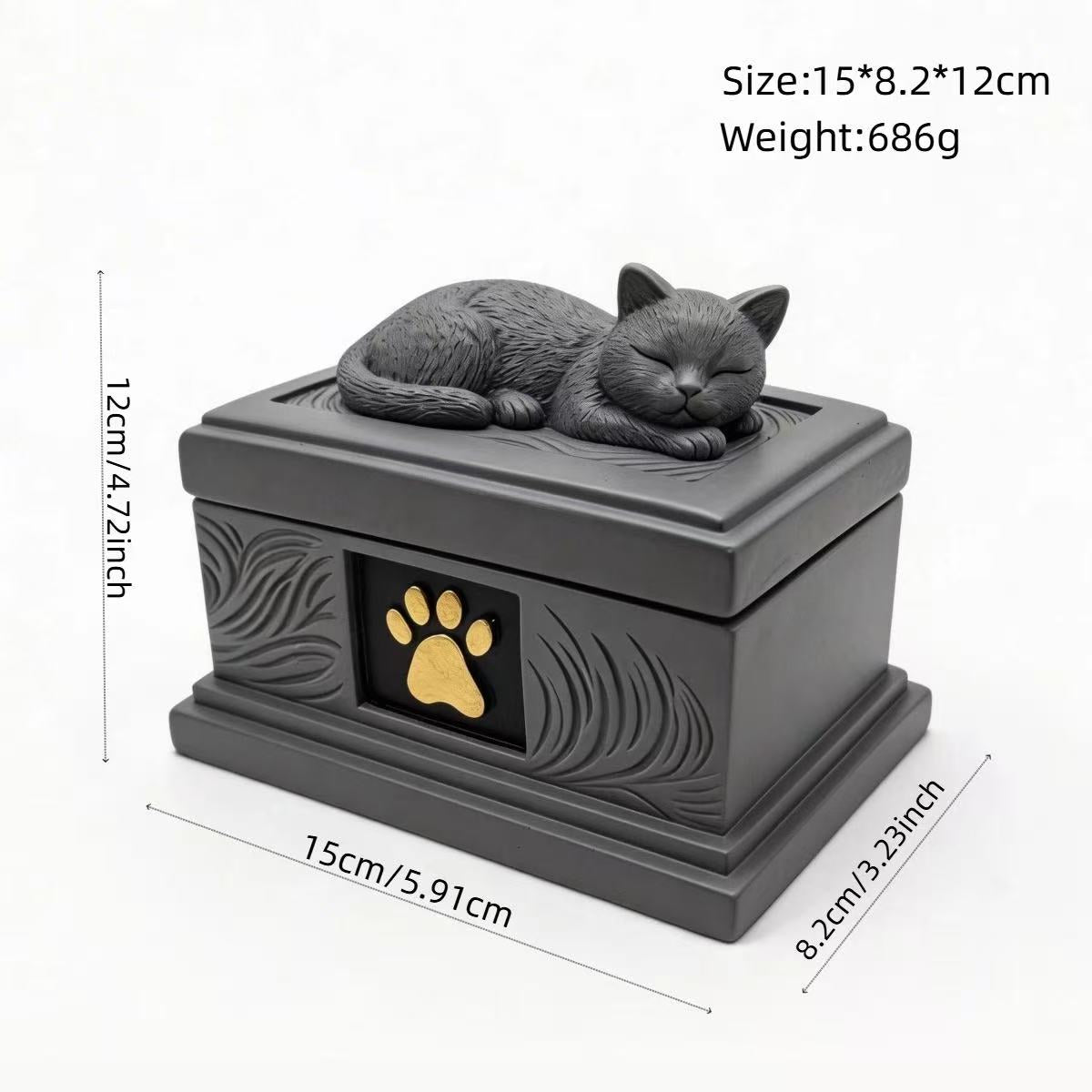 Sleeping cat urn displayed as a memorial keepsake