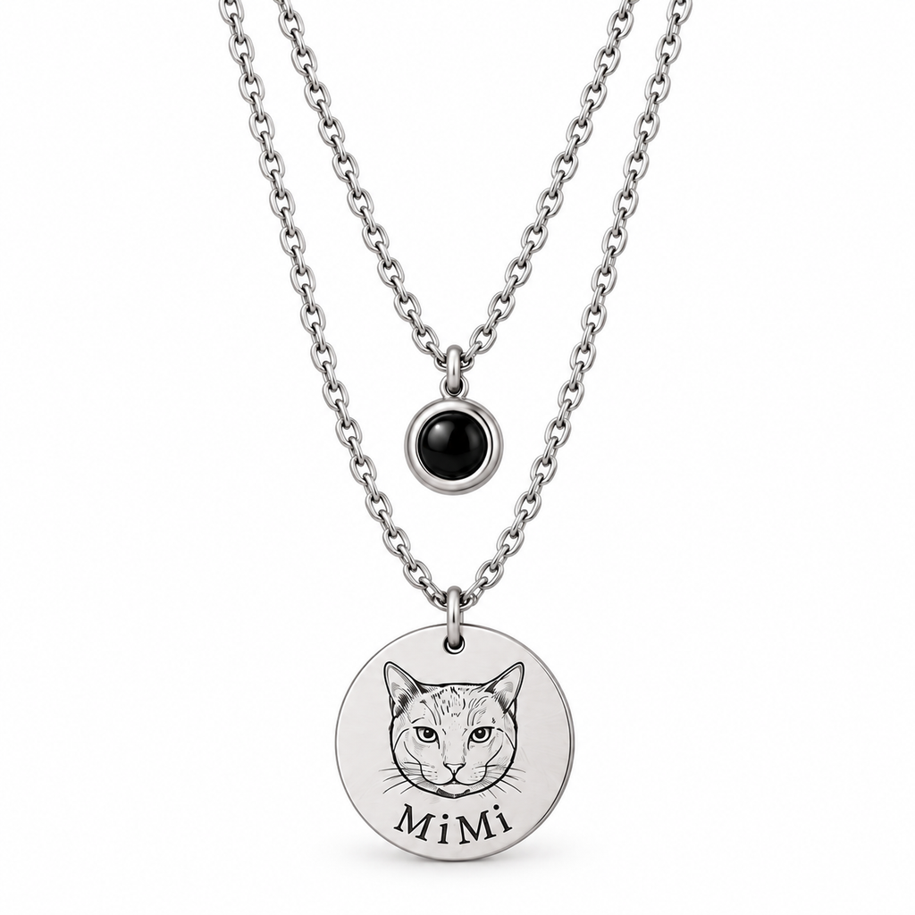 Personalized pet portrait projection necklace detail