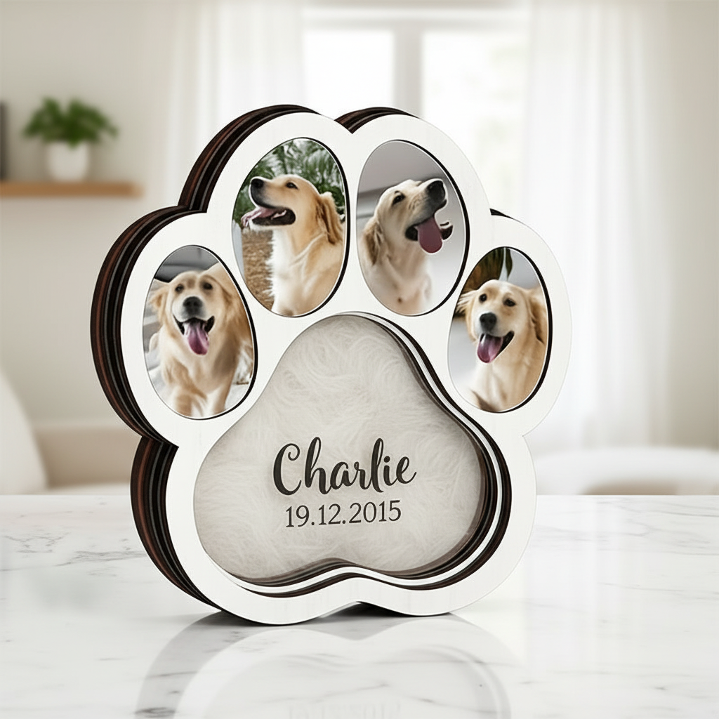 White paw-shaped memorial shadow box with example dog photos, a fur keepsake, name and date.