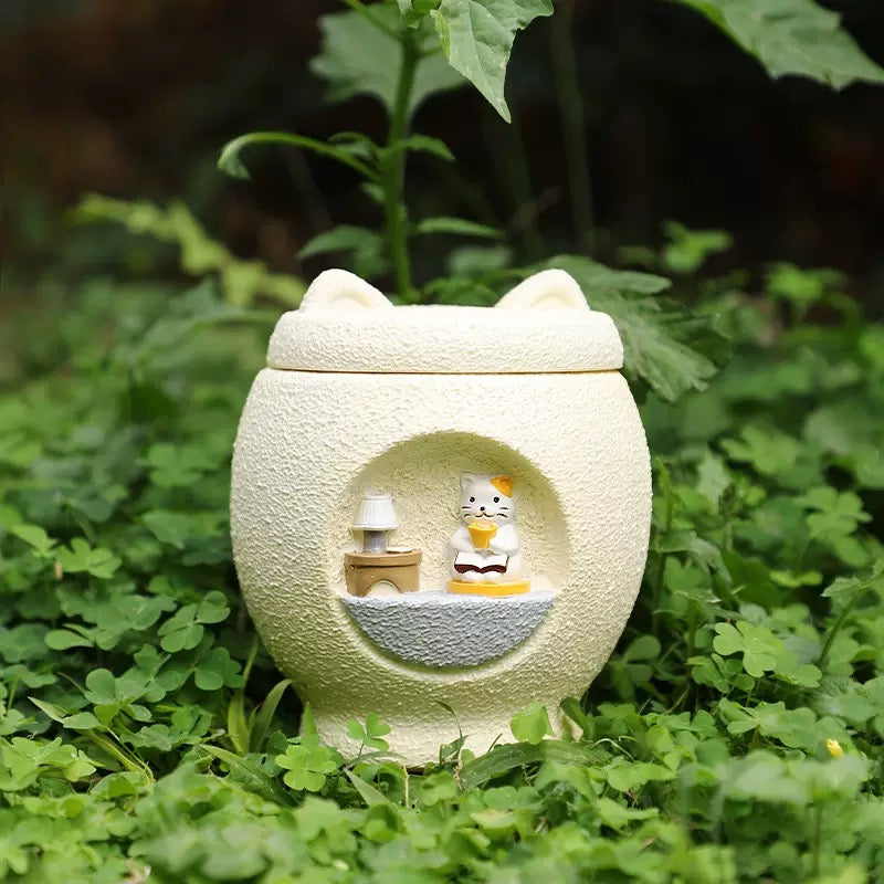Cat miniature scene pet memorial urn detail