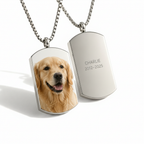 Personalized pet memorial photo necklace on a white background