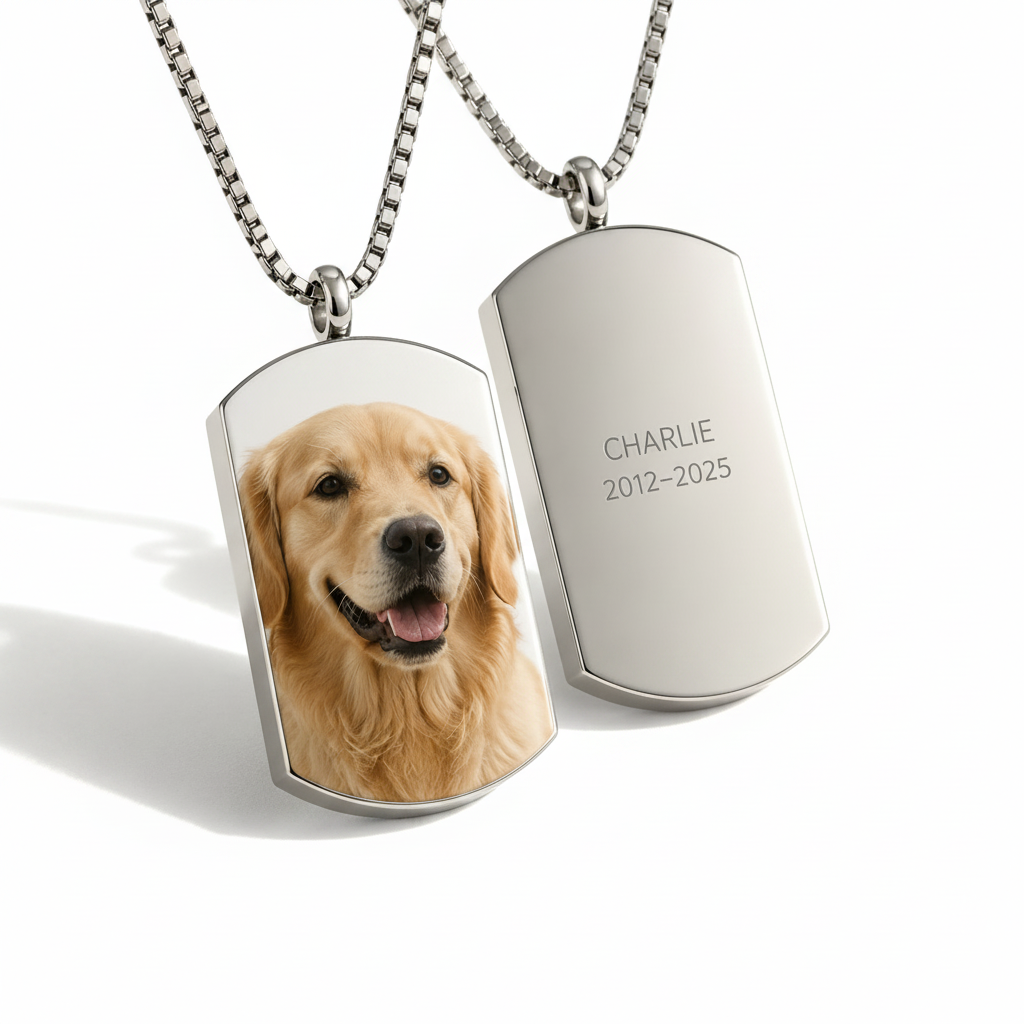 Personalized pet memorial photo necklace on a white background