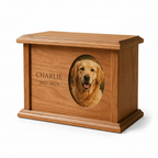 Personalized wooden pet memorial urn on a white background
