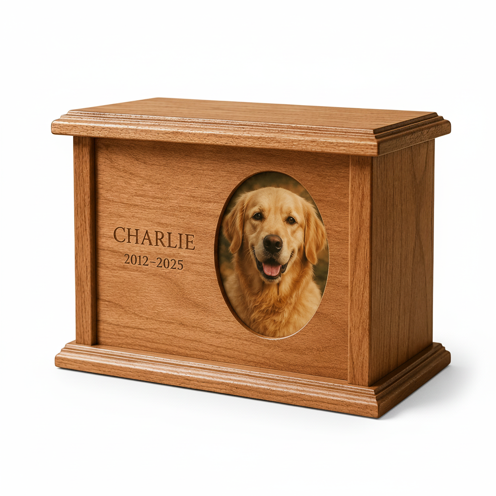 Personalized wooden pet memorial urn on a white background
