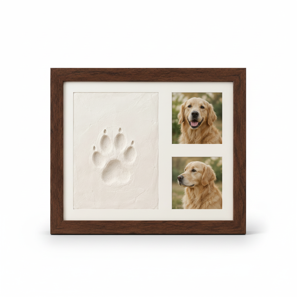 Personalized paw print memorial frame on a white background