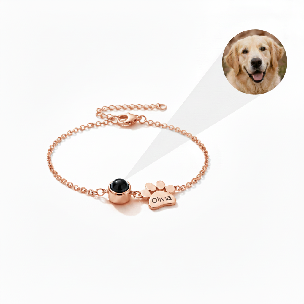 Rose Gold custom pet photo projection bracelet on pure white background