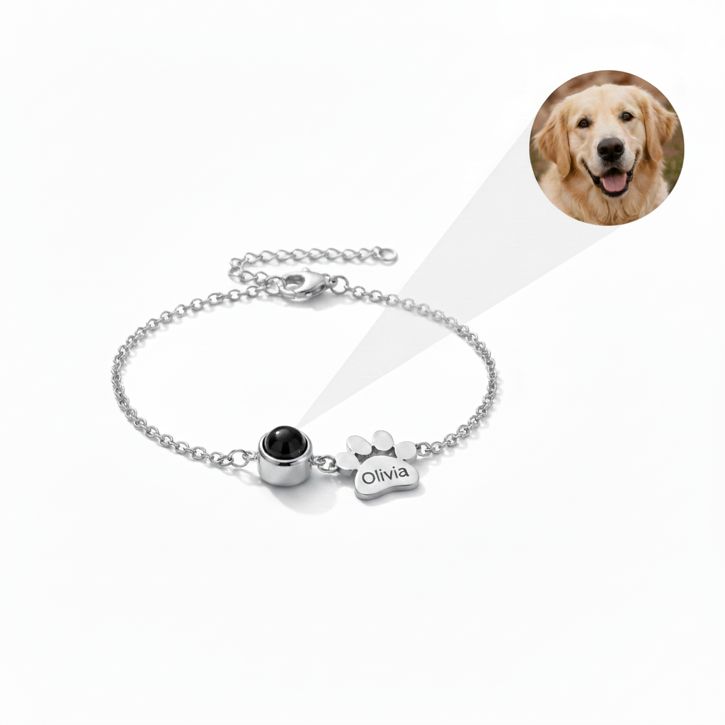 Sterling Silver custom pet photo projection bracelet on pure white background