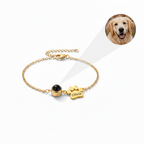 18K Gold custom pet photo projection bracelet with gold paw charm on pure white background