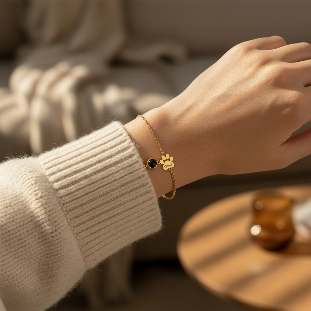 Model wrist wearing custom pet paw bracelet cleanly with natural light
