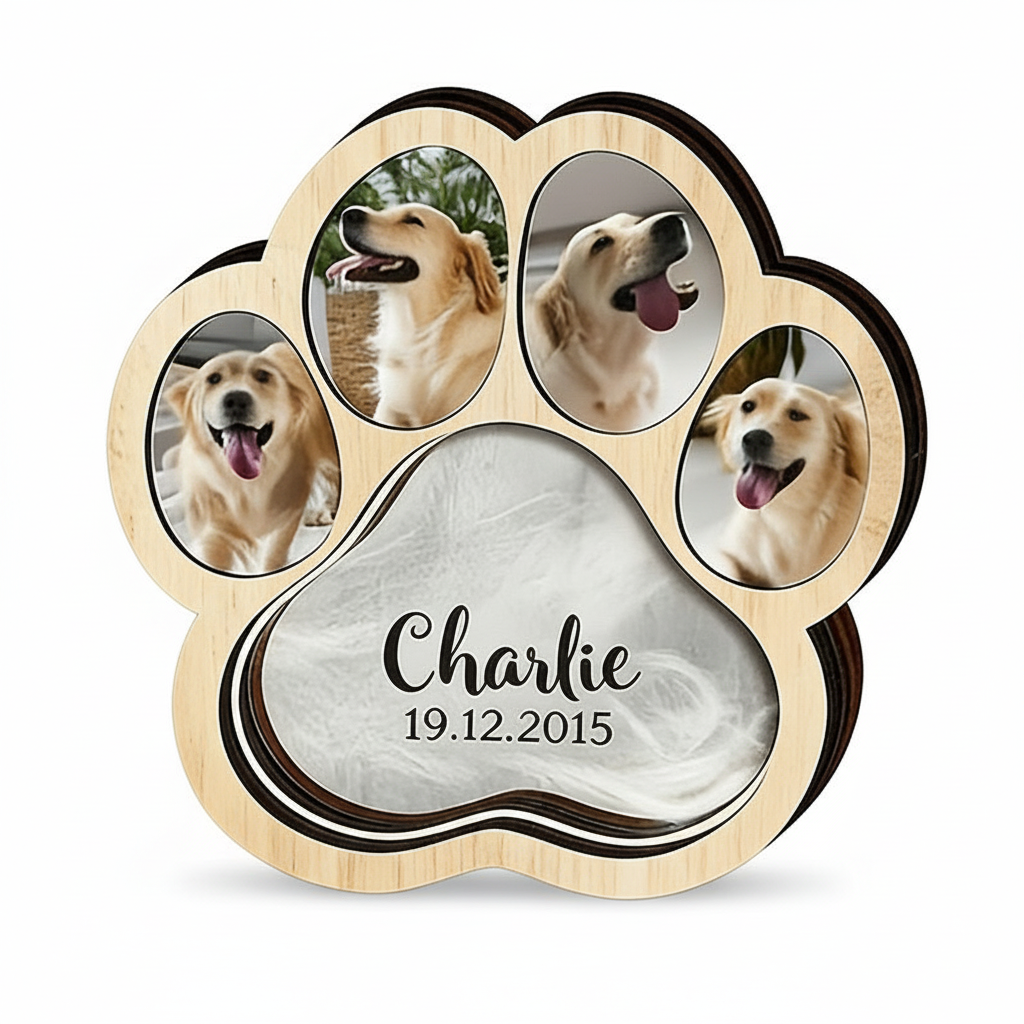 Beige paw-shaped memorial shadow box with example dog photos, a fur keepsake, name and date.