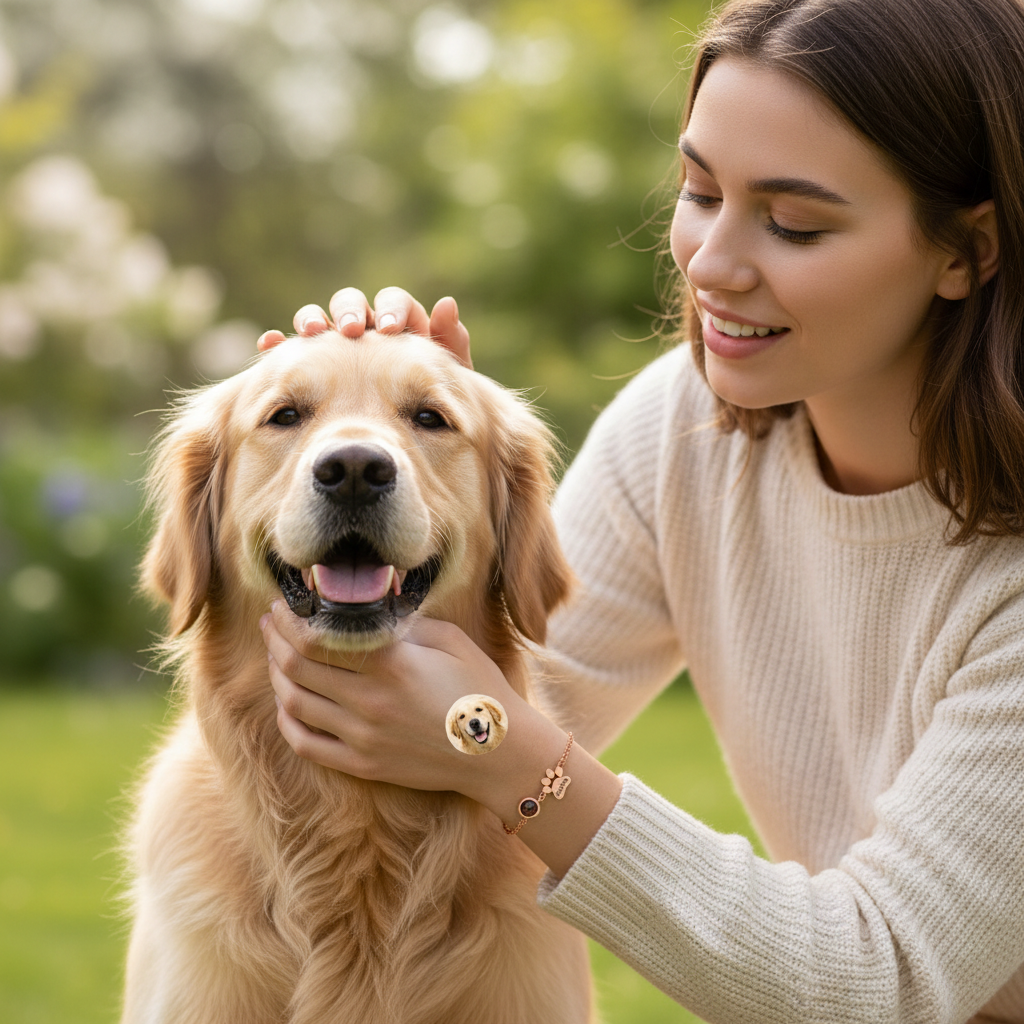 Model gently petting dog wearing personalized pet photo bracelet