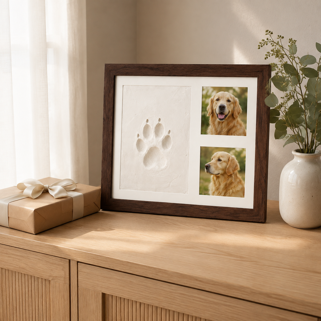 Pet paw print memorial frame arranged as a remembrance gift