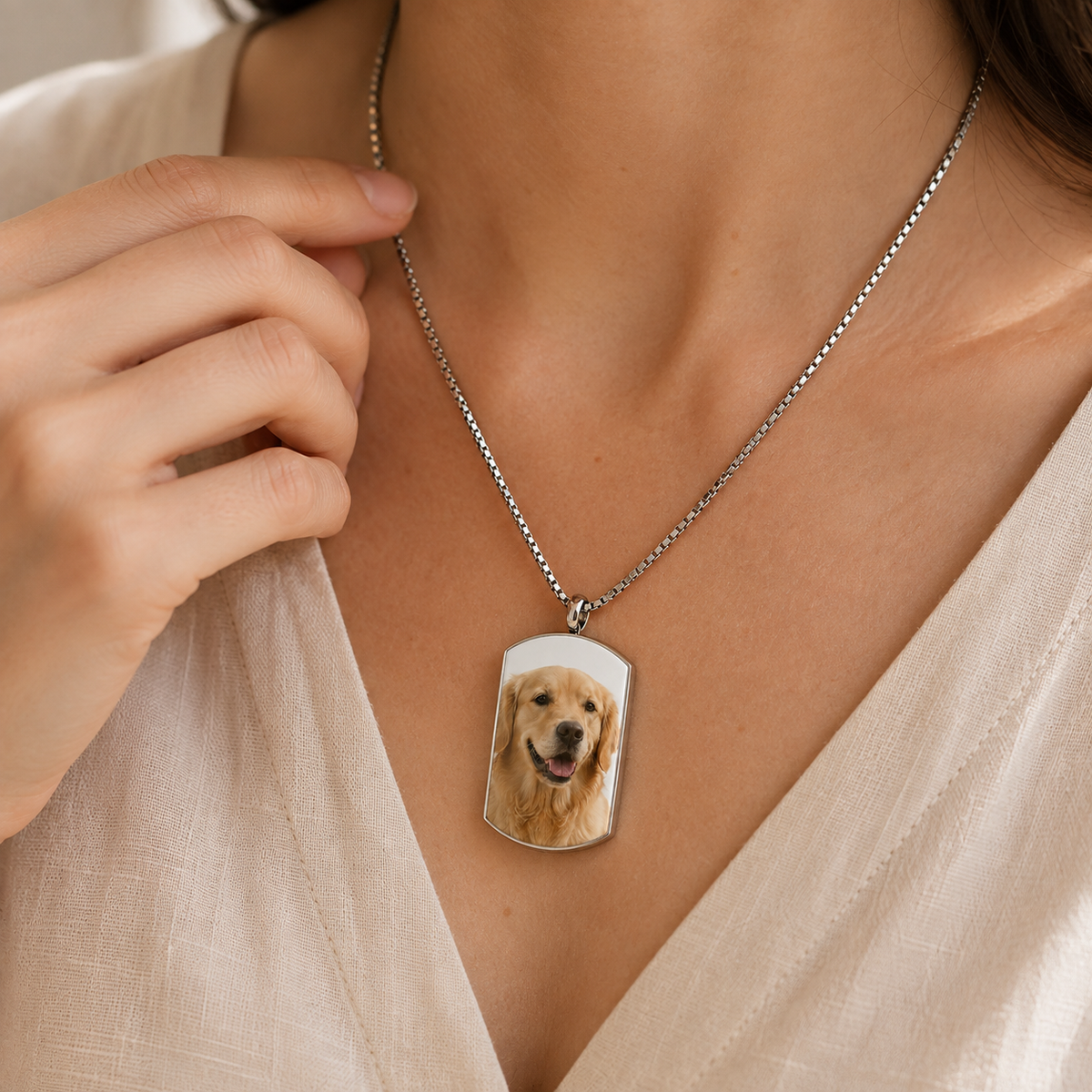 Personalized pet memorial necklace worn as an everyday keepsake