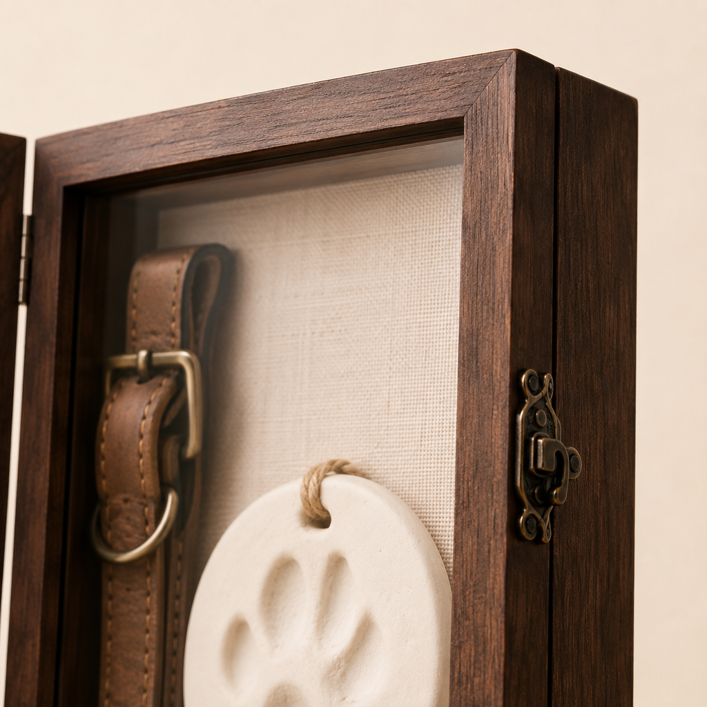 Close-up of walnut pet memorial shadow box frame, latch and linen interior
