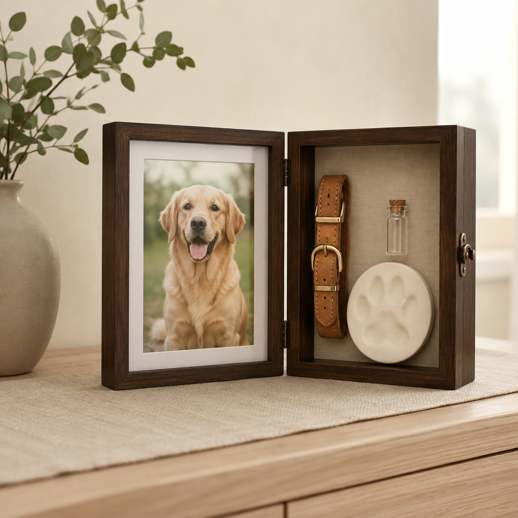 Walnut pet memorial shadow box displayed in a warm American home