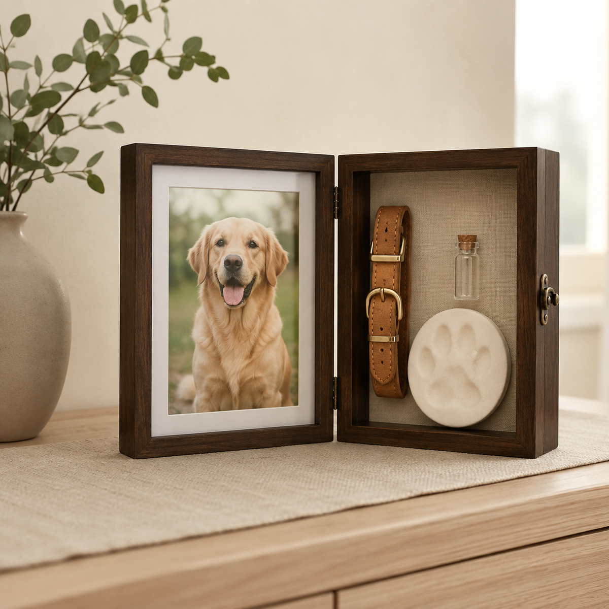 Walnut pet memorial shadow box displayed in a warm American home