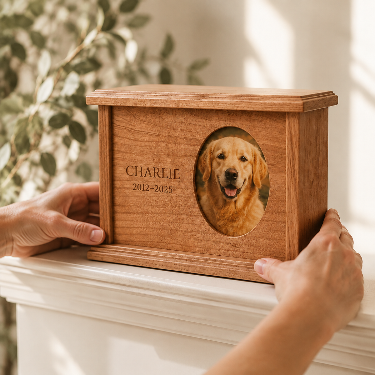 Hands placing a personalized wooden pet memorial urn on a mantel