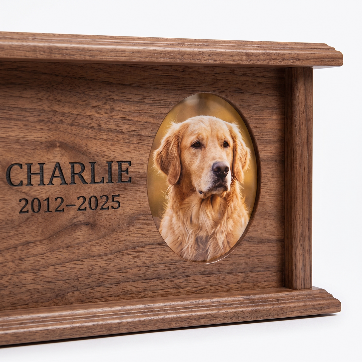 Close-up detail of walnut pet memorial urn craftsmanship