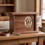 Walnut pet memorial urn displayed in a warm home remembrance setting