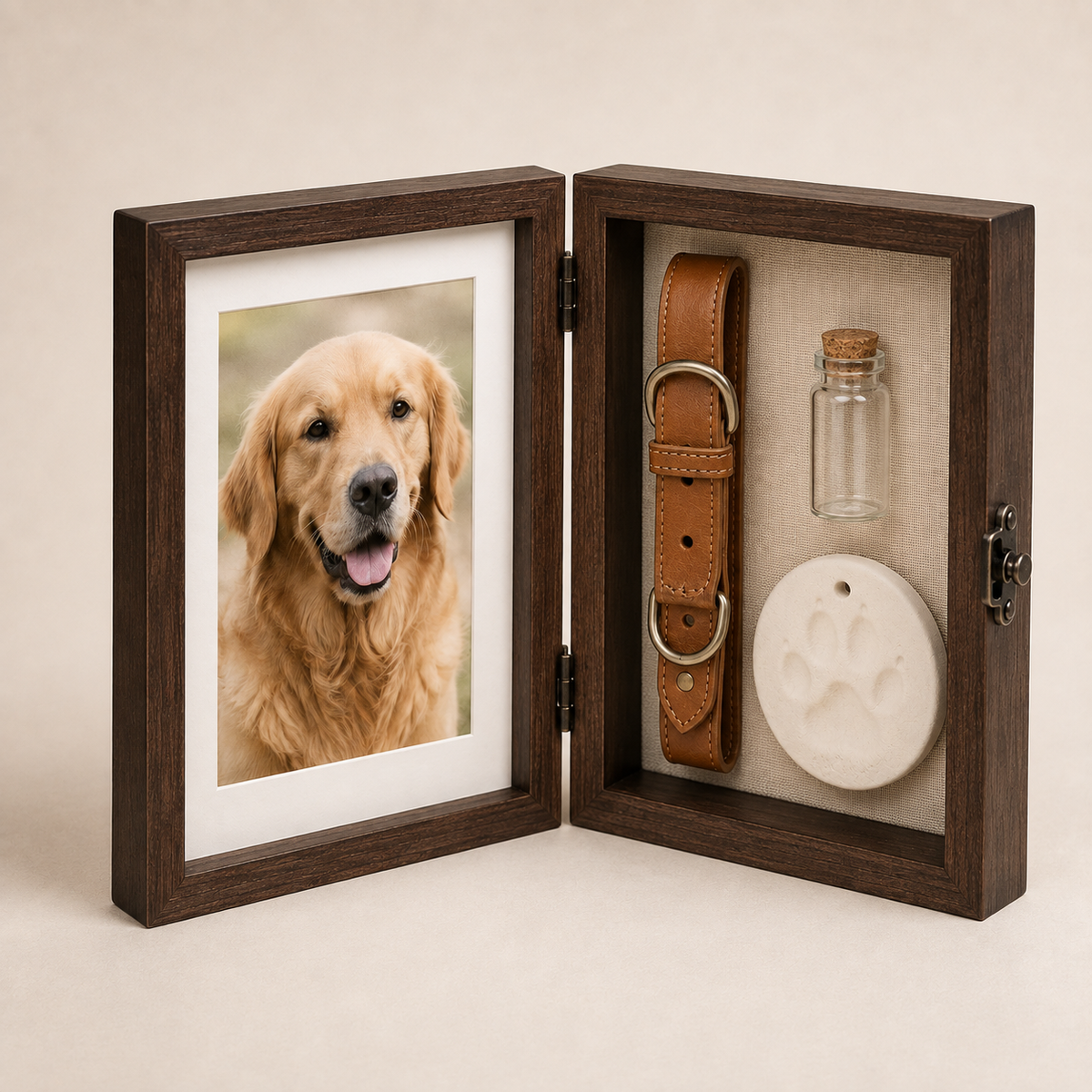 Open personalized pet memorial shadow box viewed from an alternate angle