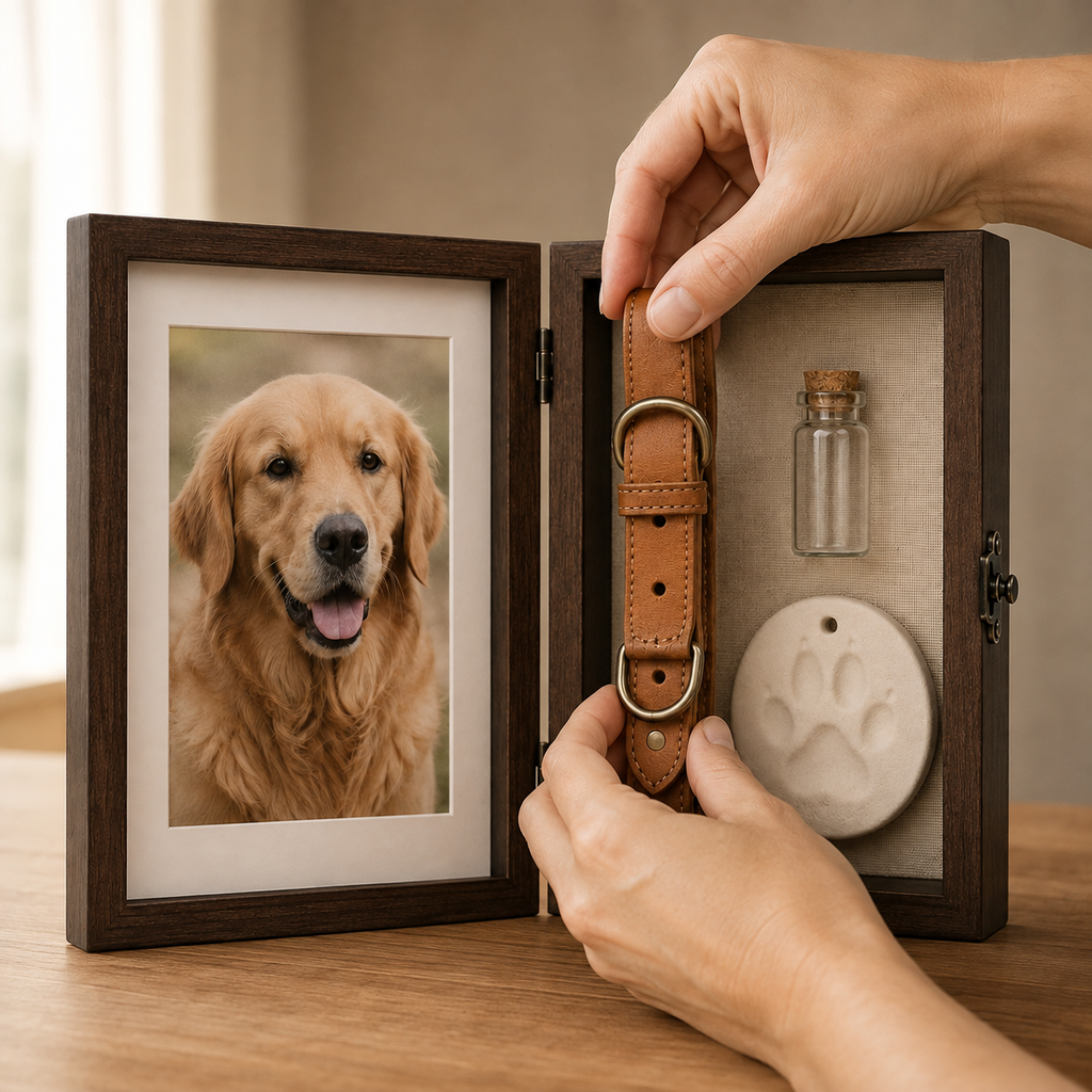 Hands placing a leather collar inside a personalized pet memorial shadow box