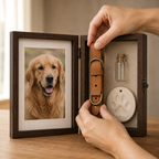 Hands placing a leather collar inside a personalized pet memorial shadow box