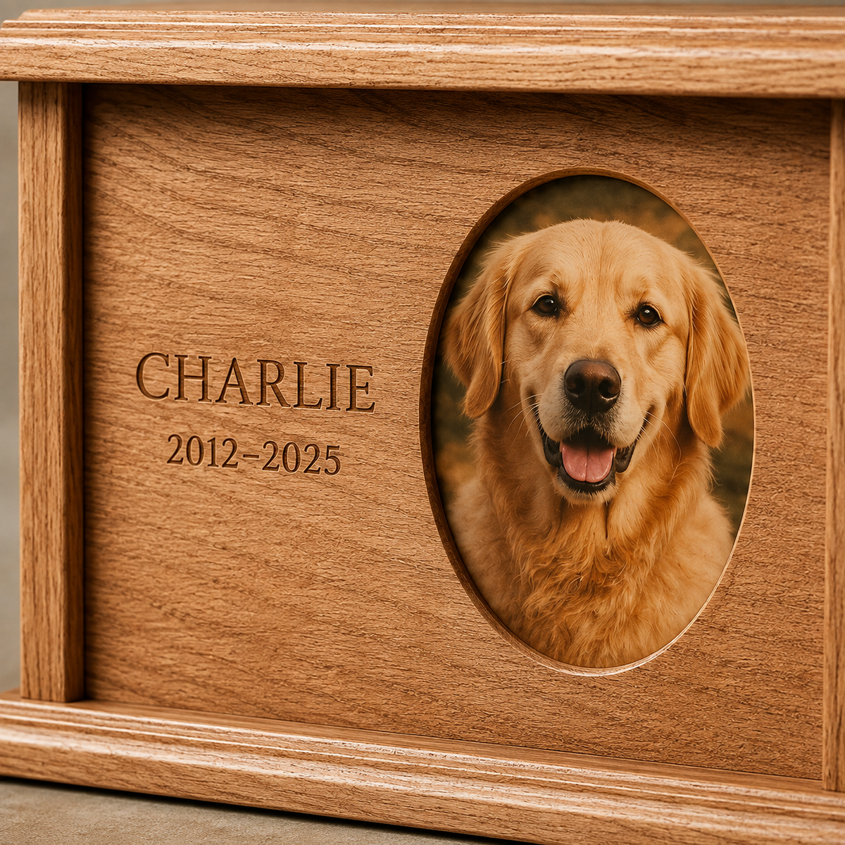 Close detail of personalized name and dates on a wooden pet memorial urn