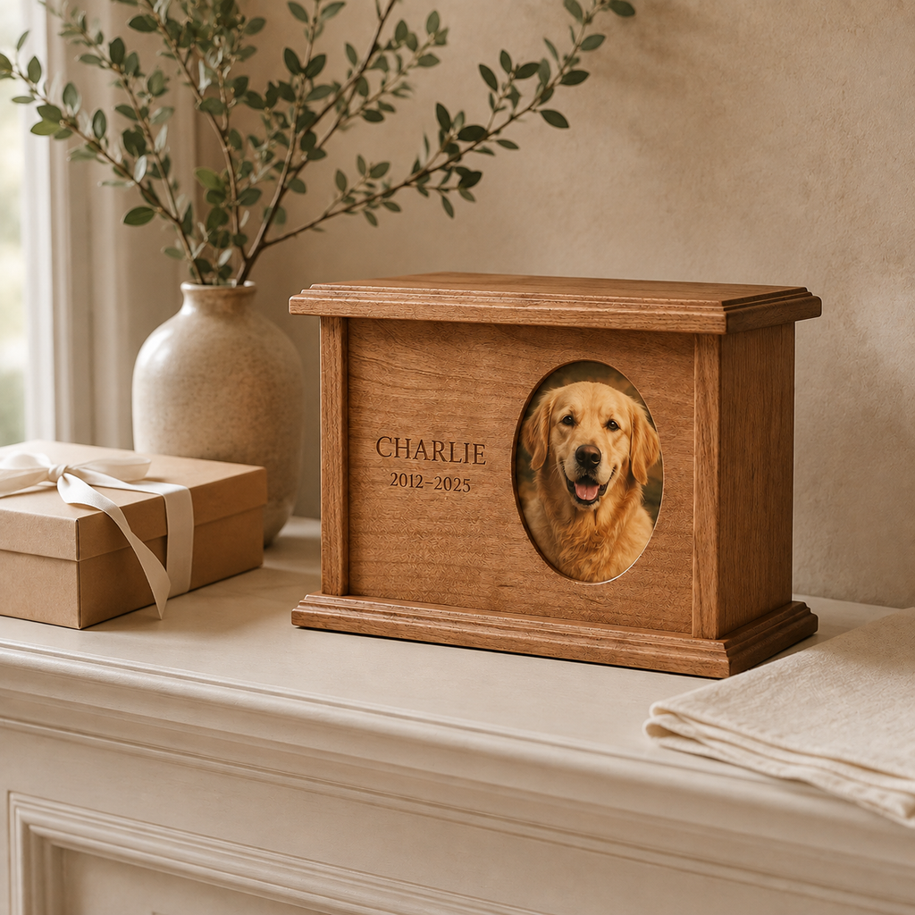 Personalized pet memorial urn in a peaceful remembrance setting