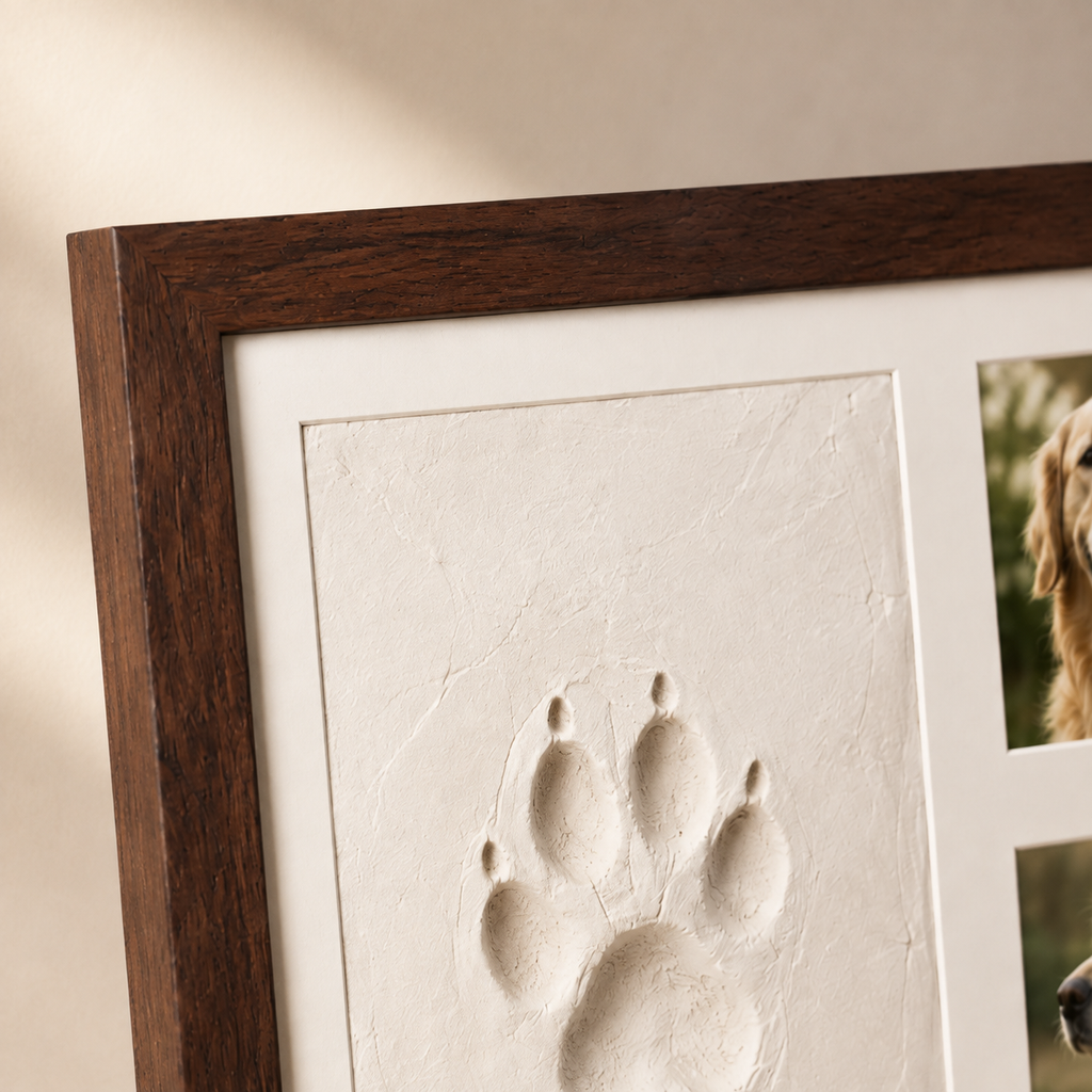 Close-up of pet paw print memorial frame and walnut finish