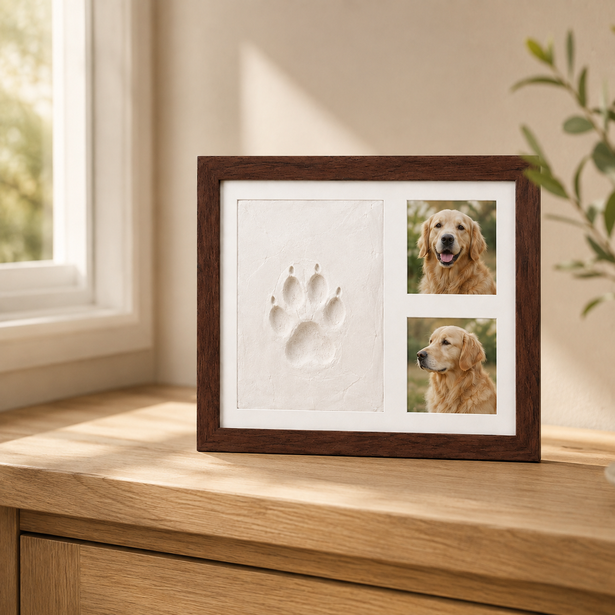 Pet paw print memorial frame displayed in a warm home